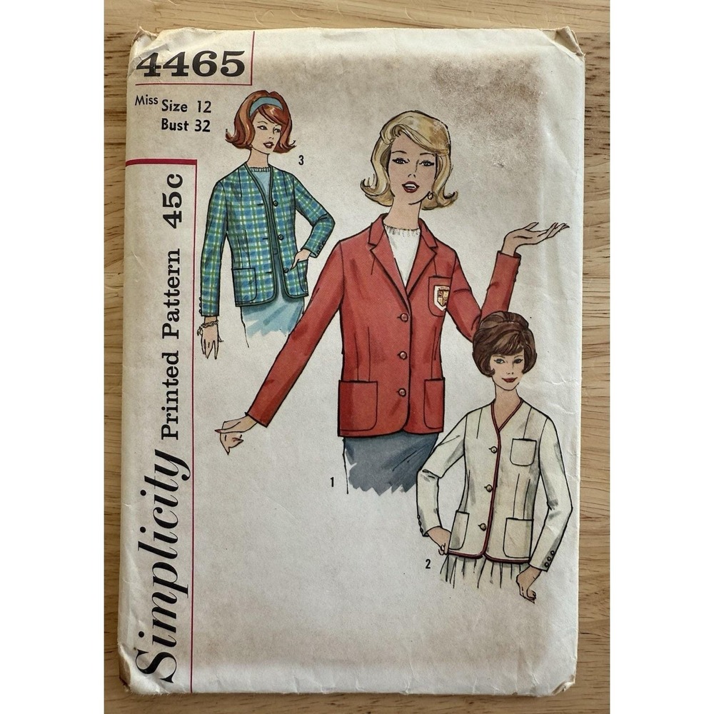 Simplicity Pattern 4465 Misses'‎ Blazer Jackets Size 12 Bust 32 Uncut FF